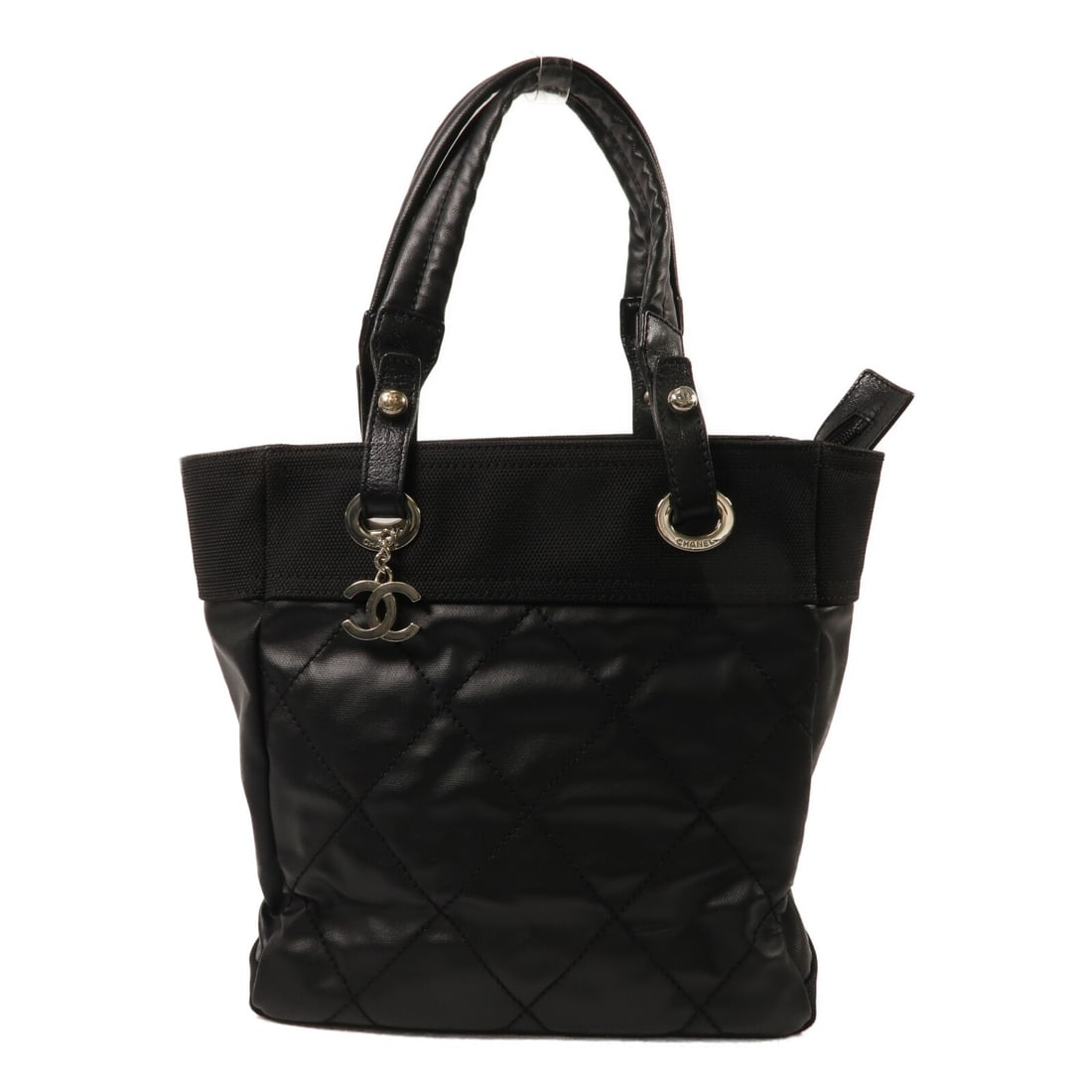 CHANEL CC Black Canvas Nylon Tote Shoulder Bag with SHW: CHANEL CC Black Canvas Nylon Tote Shoulder Bag with SHW A black CHANEL CC SHW tote shoulder bag made from canvas and nylon. It features two open interior pockets, one interior zip pocket, a fastener c
