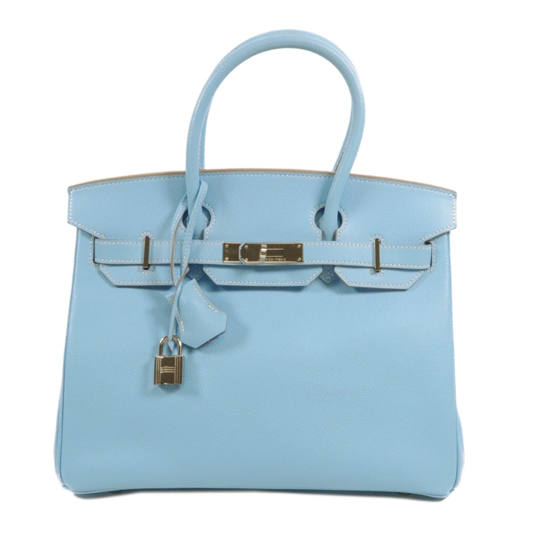 Hermes Birkin 30 Epsom Calfskin Handbag PHW Blue Celeste Mykonos: Hermes Birkin 30 Epsom Calfskin Handbag PHW Blue Celeste Mykonos A Birkin 30 handbag in Epsom leather and calfskin (cowhide) with PHW and a blue Celeste/Mykonos color combination. It features a top ha