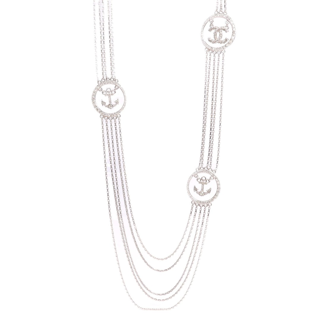 CHANEL CC Logo Silver Tone Metal Necklace: CHANEL CC Logo Silver Tone Metal Necklace CHANEL CC necklace in silver metal, designed for women. The piece is described as a regular size necklace with a 92 cm (36.2 in) neck rotation and comes with 