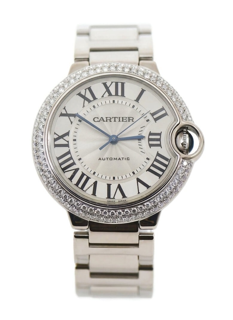 Cartier Ballon Bleu 18K White Gold Diamond Wristwatch WE9006Z3: Cartier Ballon Bleu 18K White Gold Diamond Wristwatch WE9006Z3 Cartier Ballon Bleu Diamond wristwatch in 18K white gold, featuring a round 36 mm case, diamond bezel, guilloche dial pattern, Roman nume