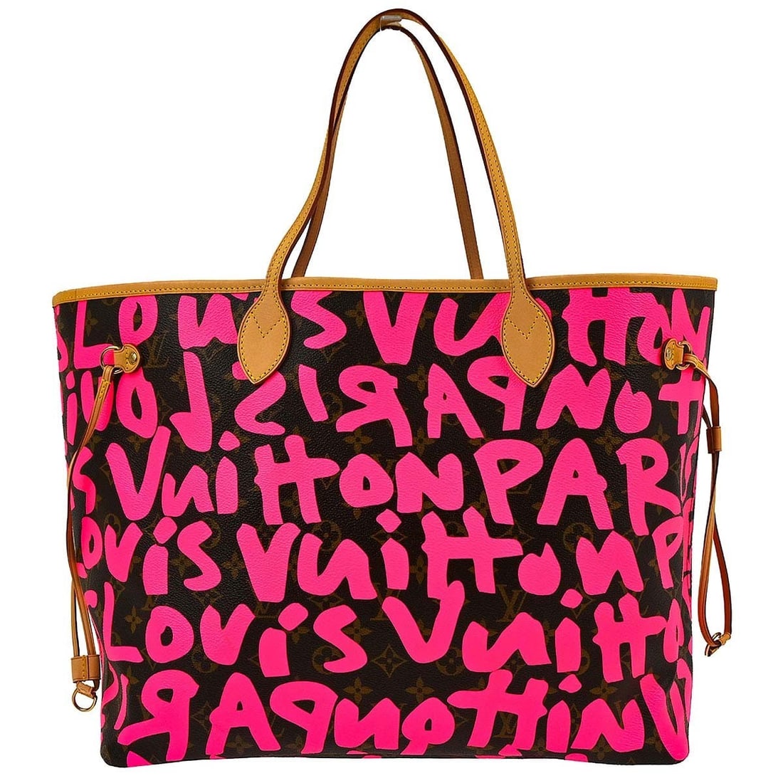 Louis Vuitton Neverfull GM Pink Monogram Graffiti Tote M93701: Louis Vuitton Neverfull GM Pink Monogram Graffiti Tote M93701 Louis Vuitton Neverfull GM tote bag in pink Monogram Graffiti canvas with leather trim. This large women's tote features double handles, a