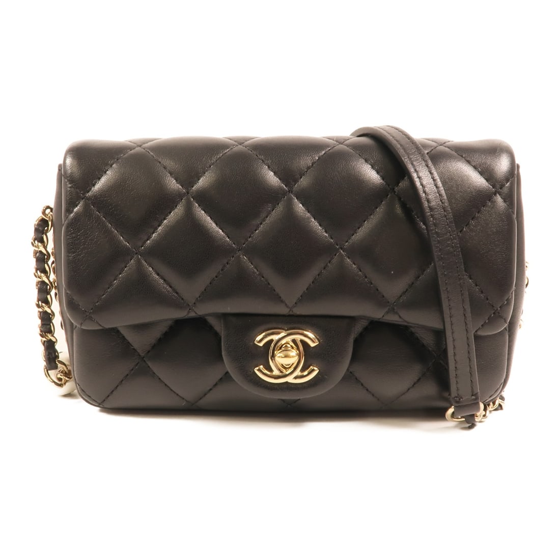 CHANEL AS1436 CC Chain Shoulder Bag Black Lambskin GHW: CHANEL AS1436 CC Chain Shoulder Bag Black Lambskin GHW A CHANEL CC chain shoulder bag in black lambskin leather, model AS1436. It features a turn lock closure, one exterior open pocket, and one interi