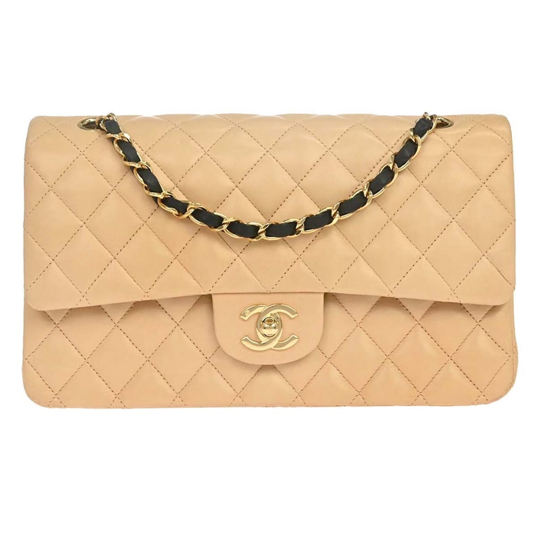 CHANEL Classic Double Flap Medium Lambskin Shoulder Bag Beige Black: CHANEL Classic Double Flap Medium Lambskin Shoulder Bag Beige Black Chanel Medium Classic Double Flap shoulder bag in beige and black lambskin leather with a turn-lock closure and shoulder strap. This
