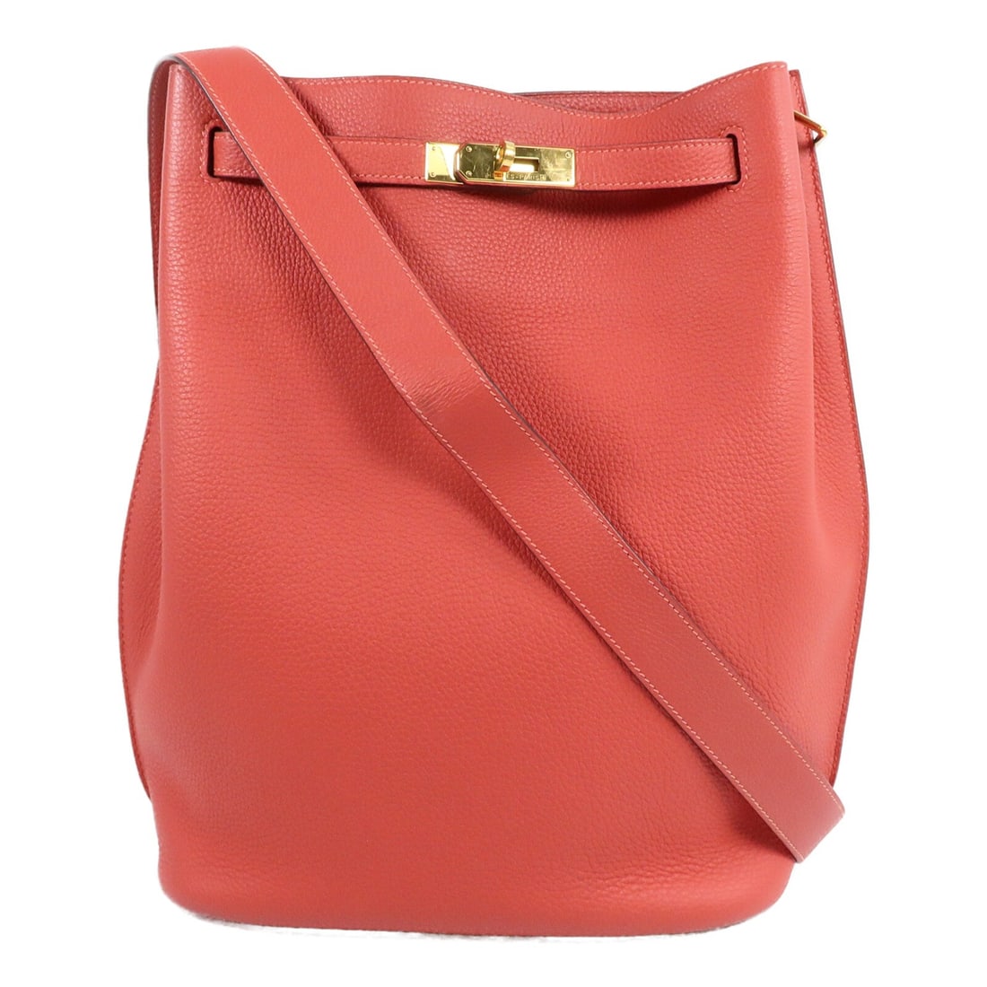 Hermes So Kelly 26 Togo Leather Shoulder Bag Rouge Pivoine GHW: Hermes So Kelly 26 Togo Leather Shoulder Bag Rouge Pivoine GHW Hermes So Kelly 26 shoulder bag in Togo leather and calfskin (cowhide), presented in Rouge Pivoine and orange. It features a turn lock cl
