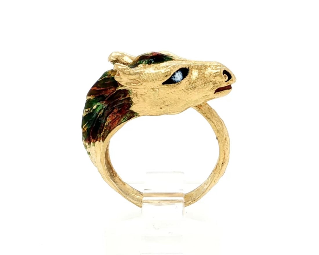 18K Yellow Gold Horse Head Bypass Ring with Multicolor Enamel Size 5.5 (1 of 6)
