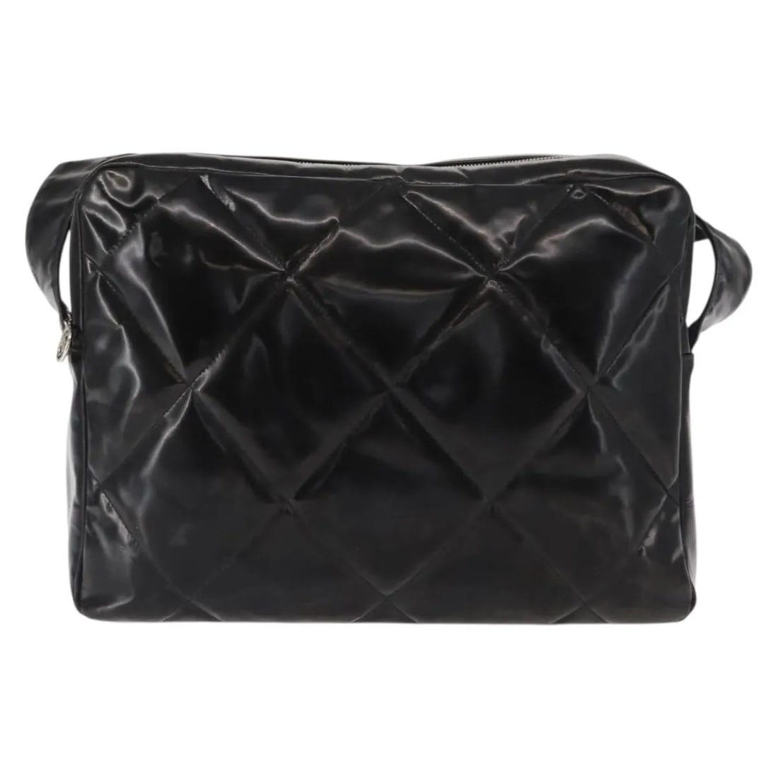 Chanel Vintage Matelasse Shoulder Bag Black Patent Leather: Chanel Vintage Matelasse Shoulder Bag Black Patent Leather This vintage Chanel shoulder bag for women features black patent leather with a classic Matelasse design. The bag shows signs of wear includi