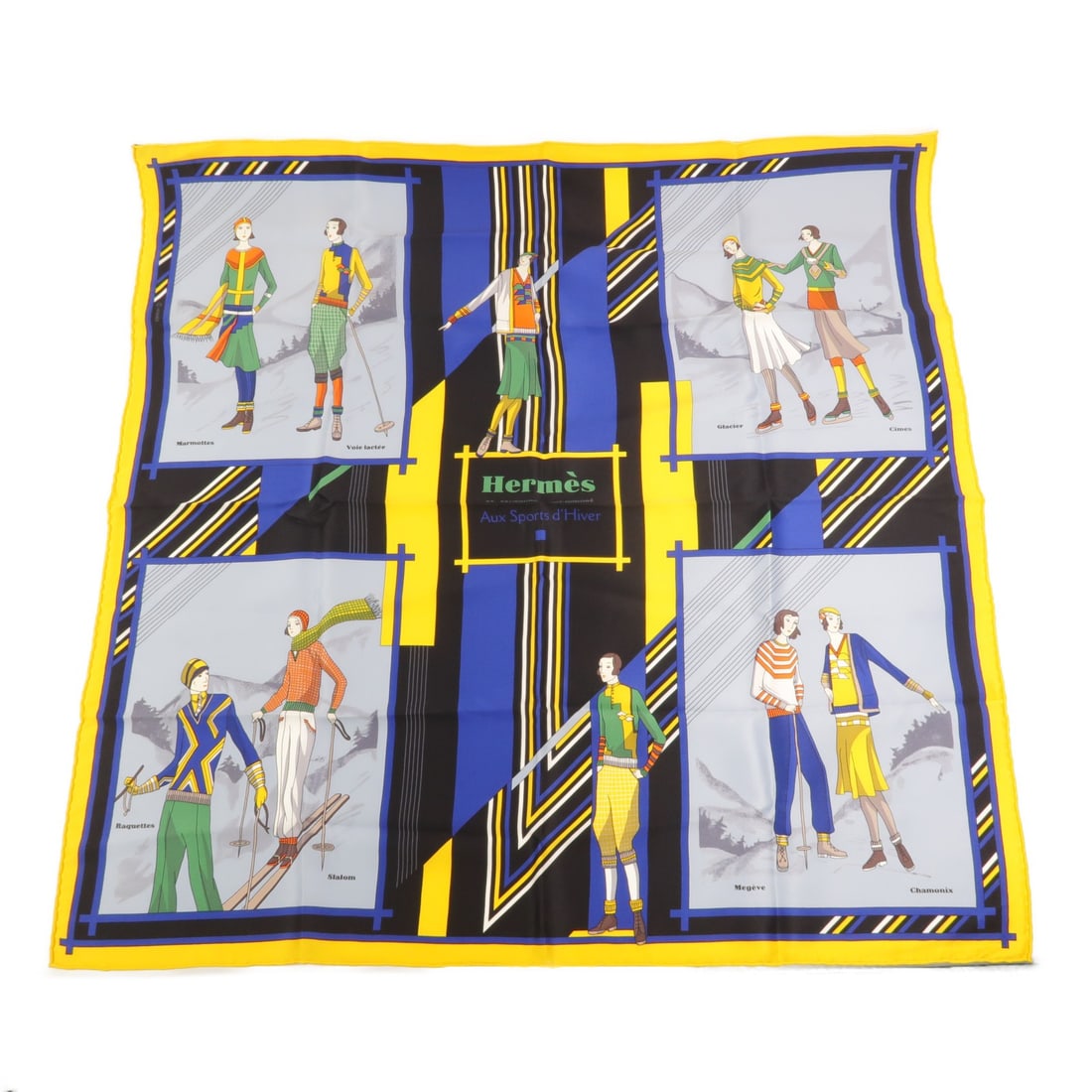 HERMES Aux Sports d'Hiver Silk Scarf Yellow 70x70: HERMES Aux Sports d'Hiver Silk Scarf Yellow 70x70 A Hermes Aux Sports d'Hiver scarf in yellow silk. It is a women's regular-size scarf made in France and offered in very good AB condition. Accessories