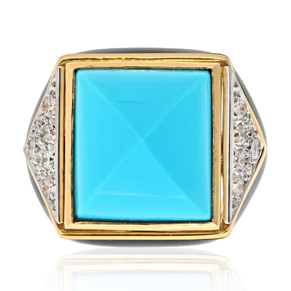David Webb Estate Ring Platinum 18K Yellow Gold Turquoise Diamond: David Webb Estate Ring Platinum 18K Yellow Gold Turquoise Diamond Experience the exquisite craftsmanship of this David Webb ring, featuring a striking combination of turquoise and diamonds set in plat