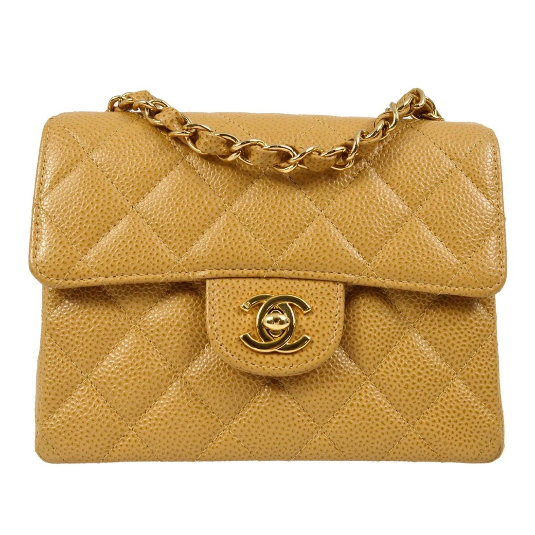 CHANEL Classic Single Flap Mini Square Beige Caviar Leather Crossbody Bag (1 of 7)