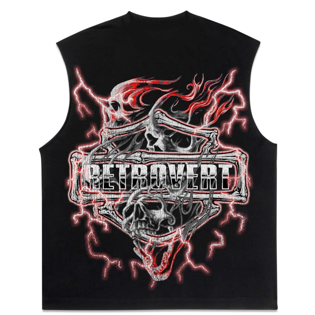 Black Cut-Off Tee with Flaming Skull Graphic in Heavyweight Cotton: Black Cut-Off Tee with Flaming Skull Graphic in Heavyweight Cotton This Retro Vert Flaming Skull Black Cut-Off Tee features a bold flaming skull graphic on the front of a jet-black, heavyweight cotton