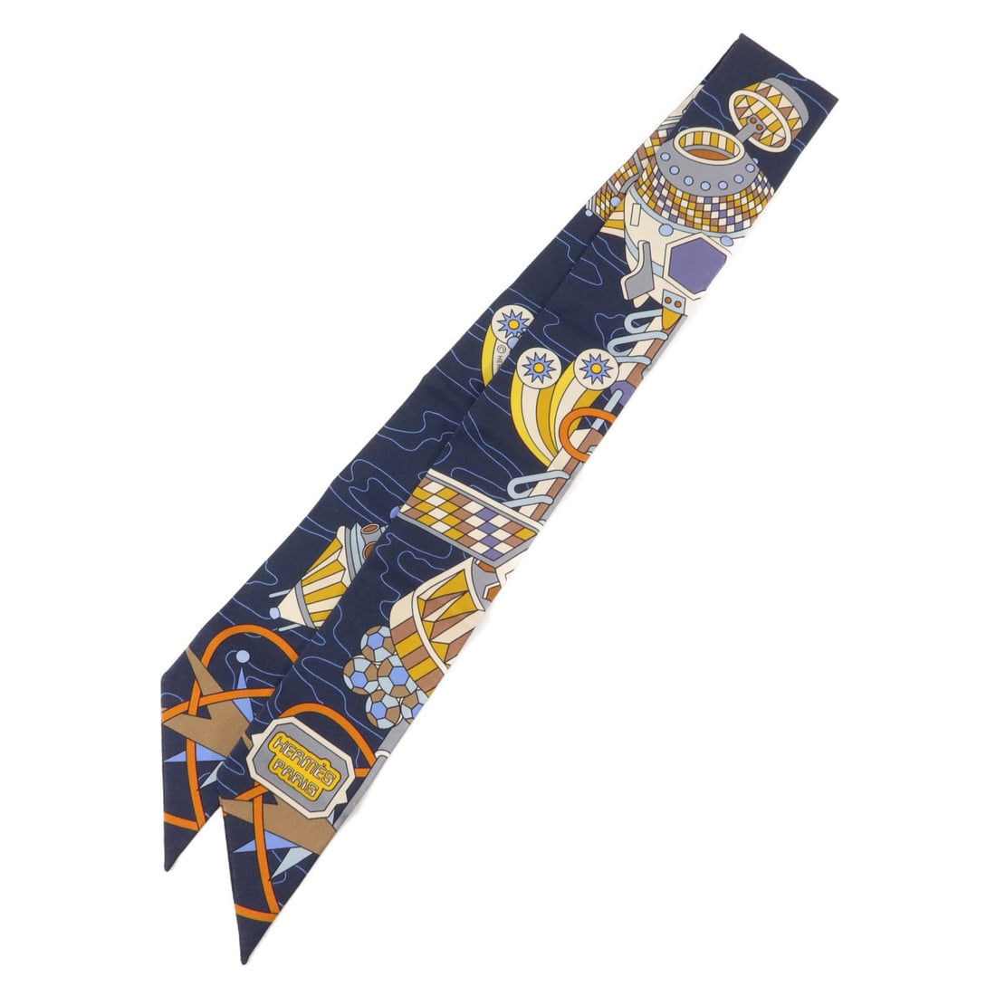 Hermes Twilly Silk Scarf Multicolor Navy Blue: Hermes Twilly Silk Scarf Multicolor Navy Blue Hermes Twilly scarf in multicolor and navy blue silk. The item is in very good AB condition and measures 85 cm x 5 cm (33.5 in x 2.0 in). Accessories are 