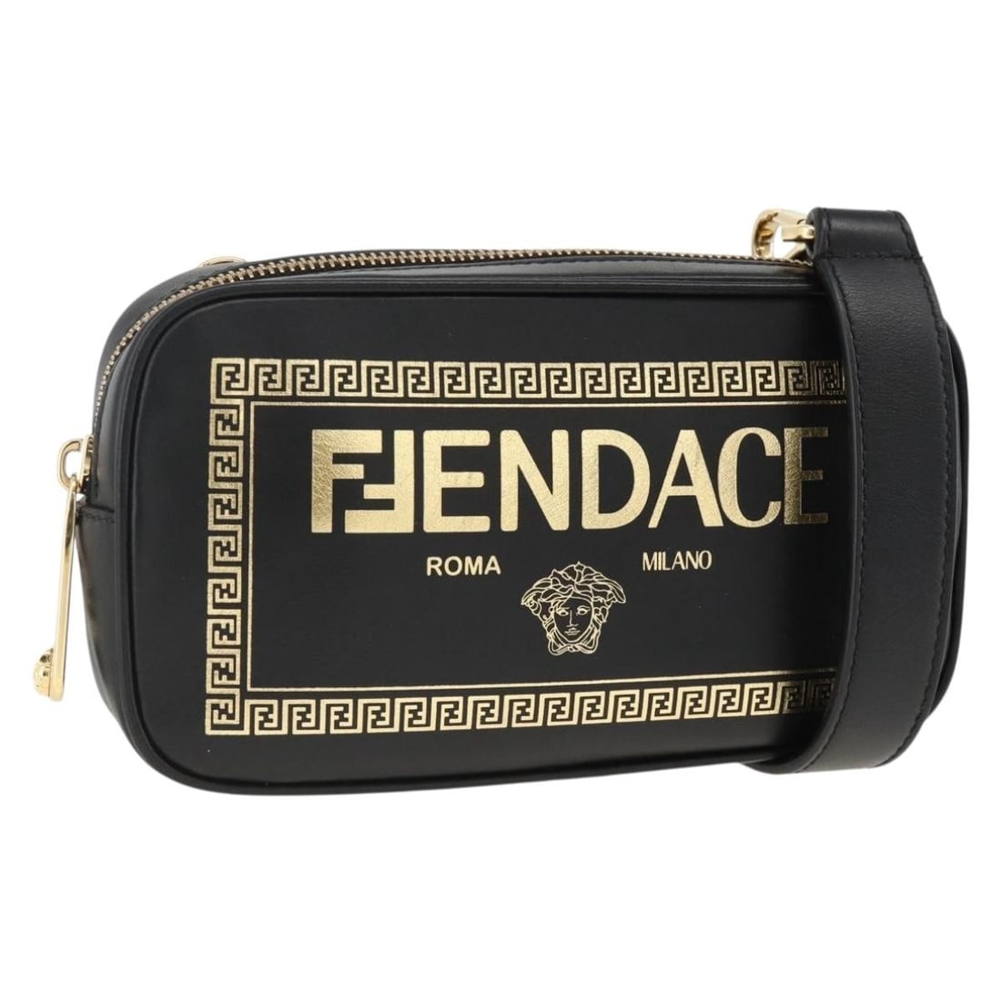 Fendi Versace Leather Shoulder Bag Black Gold Tone Italy: Fendi Versace Leather Shoulder Bag Black Gold Tone Italy A black and gold leather shoulder bag from Fendi, presented as a Versace collaboration. It comes with a dust bag and was made in Italy. The bag