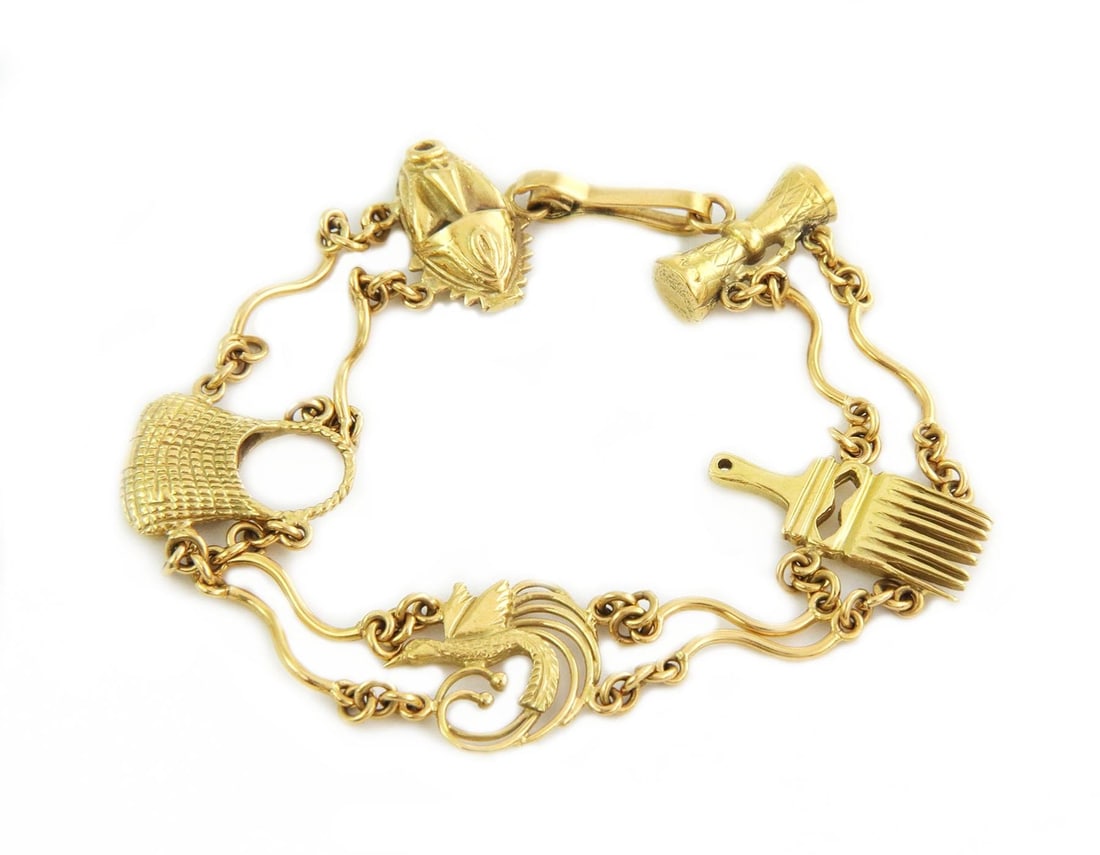 Vintage 18k Yellow Gold Charm Bracelet with 5 Unique Enhancer Charms: Vintage 18k Yellow Gold Charm Bracelet with 5 Unique Enhancer Charms This exquisite vintage charm bracelet is crafted from 18k yellow gold and features five unique enhancer charms: a mask, a purse, a 