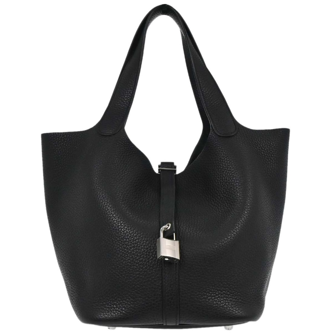 Hermes Picotin MM Black Taurillon Clemence Handbag with Lock: Hermes Picotin MM Black Taurillon Clemence Handbag with Lock Hermes Picotin Lock 22 MM handbag in black Taurillon Clemence leather, made in France. It features a buckle closure, double handles, a leat