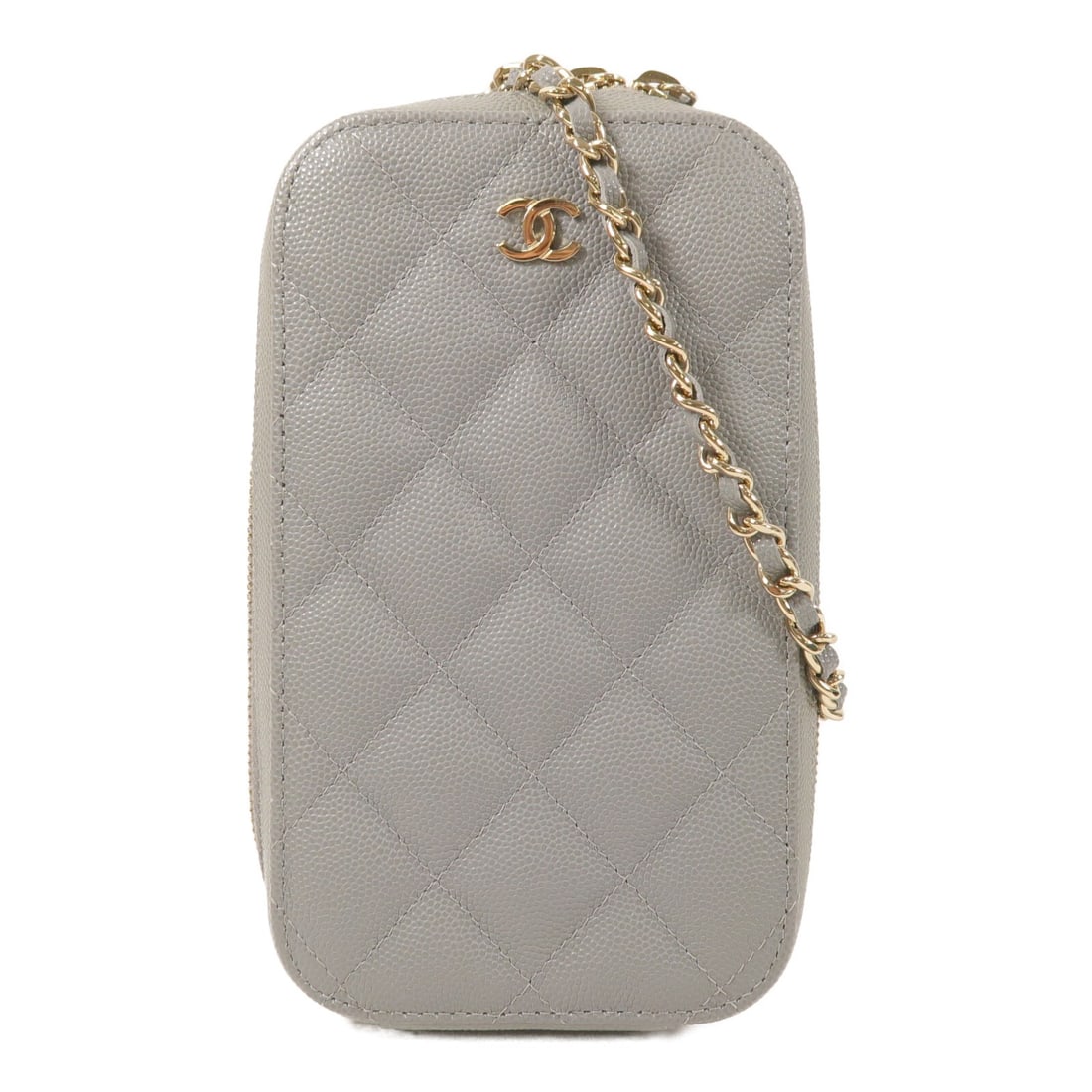 CHANEL CC Phone Shoulder Bag Gray Calfskin Chain Strap: CHANEL CC Phone Shoulder Bag Gray Calfskin Chain Strap A CHANEL shoulder bag phone bag crafted in gray calfskin (cowhide) leather. It features a chain shoulder strap, an interior open pocket layout, a