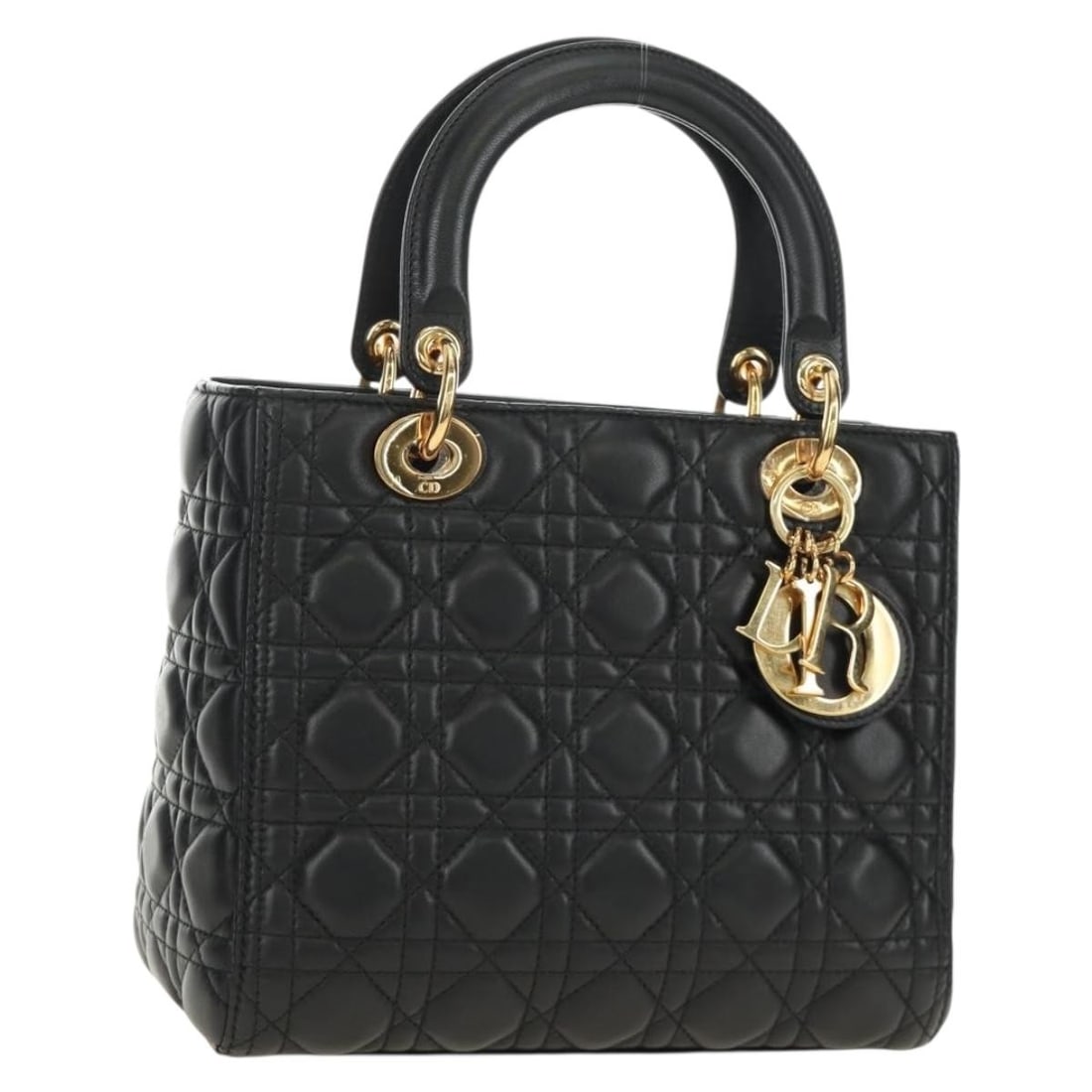 Christian Dior Cannage Lamb Skin Hand Bag Black Gold With Dust Bag Charm: Christian Dior Cannage Lamb Skin Hand Bag Black Gold With Dust Bag Charm Christian Dior handbag in black and gold lamb skin, made in Italy. It comes with a dust bag and charm, and is described as bein