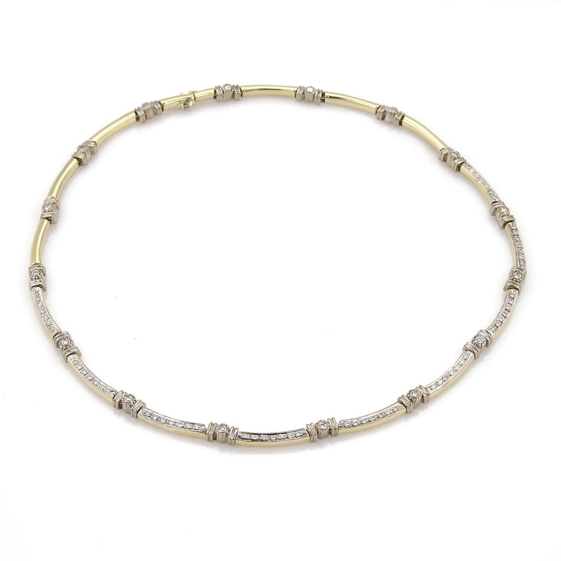 14k Gold Curved Link Necklace Set with 1ct Diamonds: 14k Gold Curved Link Necklace Set with 1ct Diamonds This exquisite 14k gold necklace showcases a stunning design with long curved bar sections crafted from yellow gold, accented by white gold round do