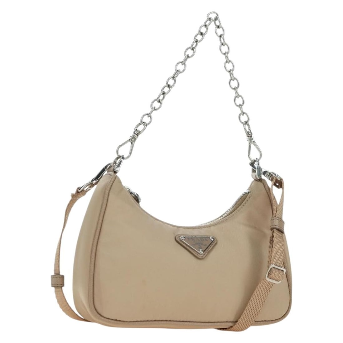 PRADA Beige Nylon 2way Shoulder Bag with Strap and Box: PRADA Beige Nylon 2way Shoulder Bag with Strap and Box This Prada 2way shoulder bag is made of nylon in beige with silver-tone accents. It includes a dust bag, item box, and shoulder strap. Made in It