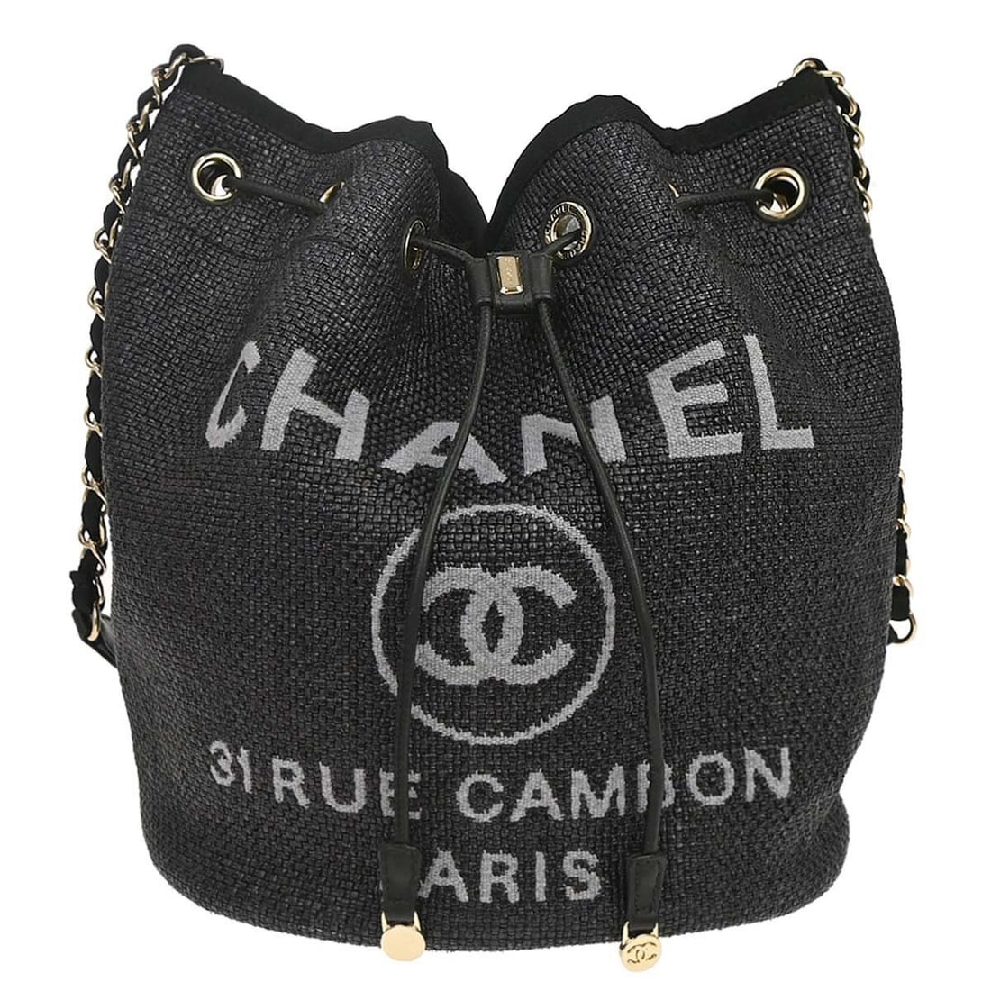 CHANEL Deauville bucket shoulder bag black straw (1 of 15)