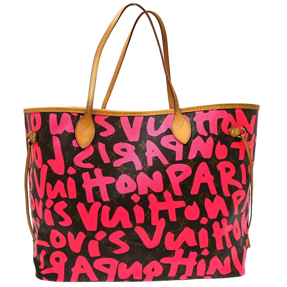 Louis Vuitton Neverfull GM Graffiti Monogram Canvas Tote M93701: Louis Vuitton Neverfull GM Graffiti Monogram Canvas Tote M93701 Louis Vuitton Neverfull GM tote bag in Pink Monogram Graffiti canvas with leather trim, made in France. It features one exterior pocket 