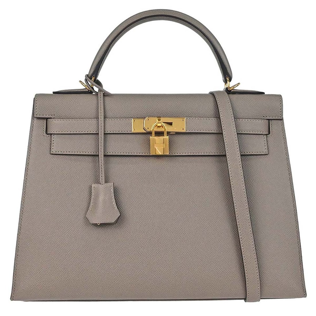 Hermes Kelly 32 Sellier Epsom leather handbag with strap: Hermes Kelly 32 Sellier Epsom leather handbag with strap Hermes Kelly 32 Sellier 2way handbag in Gris Asphalte Epsom leather, made in France. It features a turn-lock closure, top handle style, gold-to