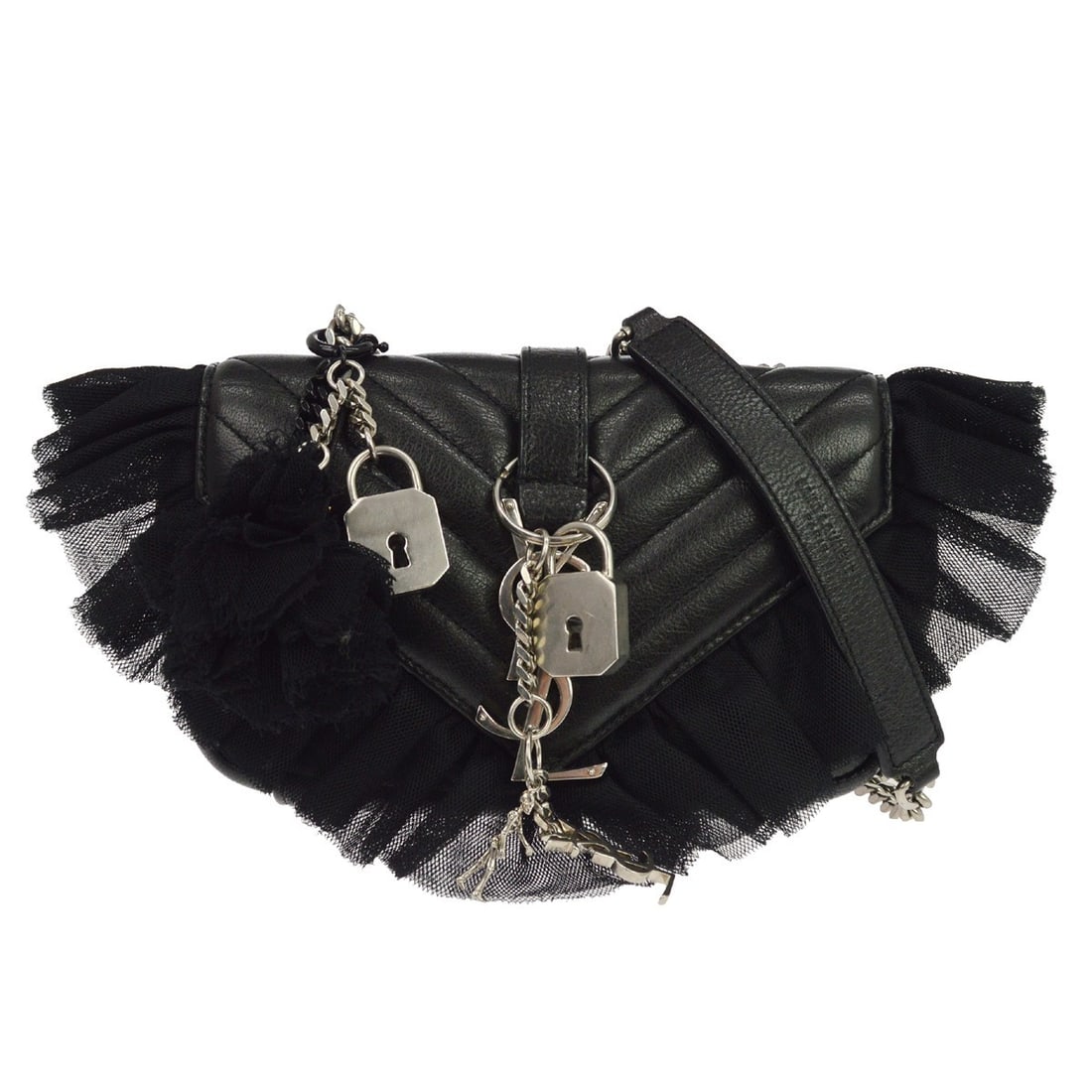 Saint Laurent Baby Punk Mini Shoulder Bag Black Leather Tulle Monogram: Saint Laurent Baby Punk Mini Shoulder Bag Black Leather Tulle Monogram Saint Laurent Tulle Chevron Monogram Classic Baby Punk chain bag in black. This women's mini shoulder bag features a leather and 