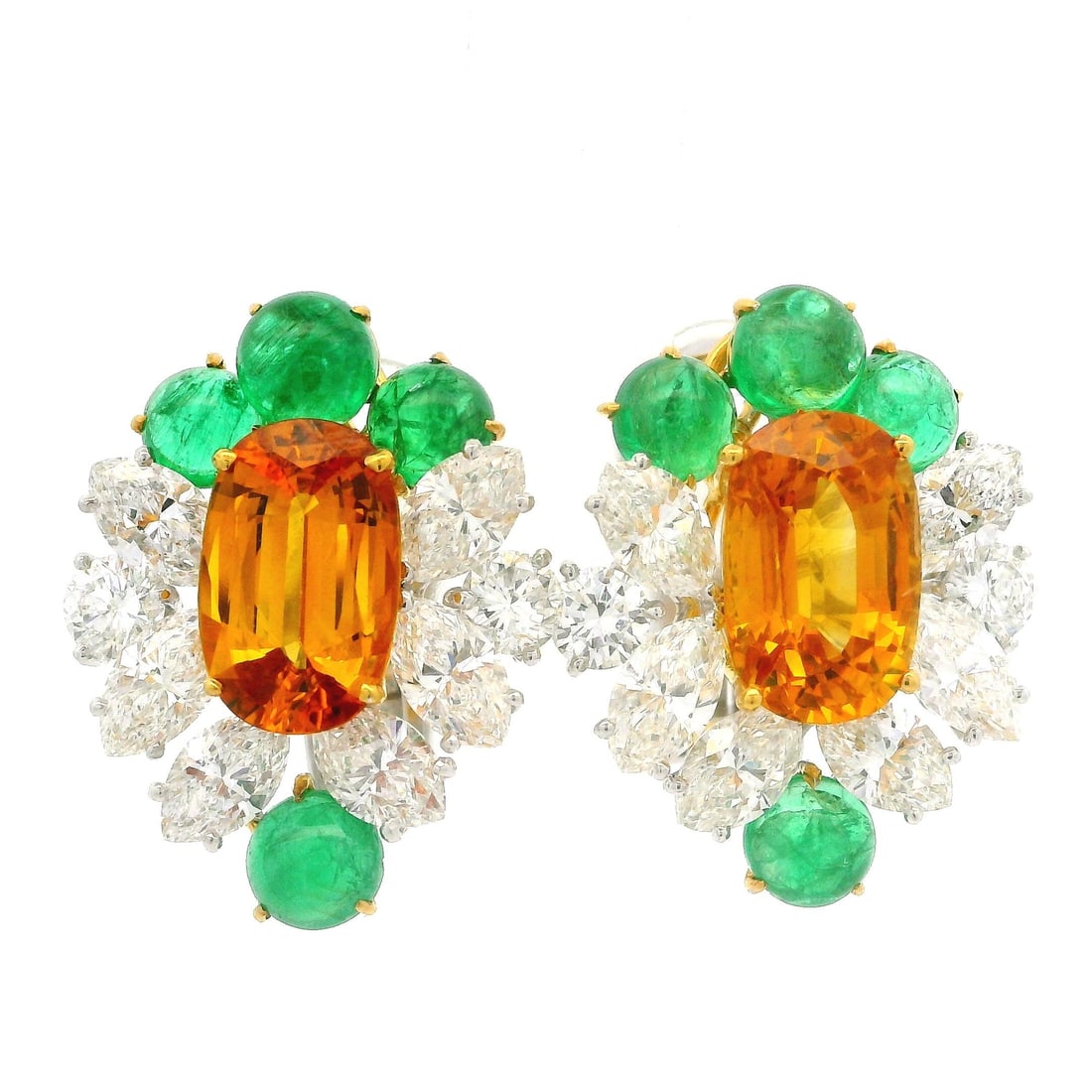 Omega Platinum Gold GIA 15.81ctw Yellow Orange Sapphire Emerald Diamond Earrings: Omega Platinum Gold GIA 15.81ctw Yellow Orange Sapphire Emerald Diamond Earrings Elevate your elegance with these exquisite Platinum and Gold earrings, featuring stunning natural sapphires, emeralds, 