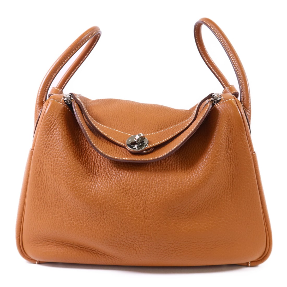 Hermes Lindy 30 Clemence Leather 2 Way Shoulder Bag Gold PHW: Hermes Lindy 30 Clemence Leather 2 Way Shoulder Bag Gold PHW A Hermes Lindy 30 2-way shoulder handbag in Taurillon Clemence and calfskin, presented in a gold and brown color combination. It features a