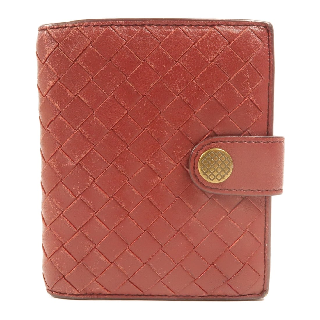 Red Calfskin Bifold Wallet BOTTEGA VENETA BV SHW: Red Calfskin Bifold Wallet BOTTEGA VENETA BV SHW A Bottega Veneta bifold wallet in red calfskin leather with a hook button closure. It features two open sections, four card slots, and one pocket with 