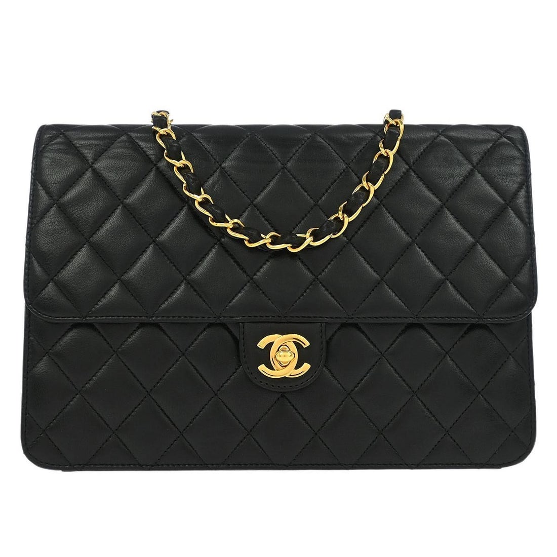 CHANEL Classic Single Flap Medium Black Lambskin Shoulder Bag: CHANEL Classic Single Flap Medium Black Lambskin Shoulder Bag Chanel Classic Single Flap shoulder bag in black lambskin leather with a turn lock closure and crossbody strap. This medium half flap styl