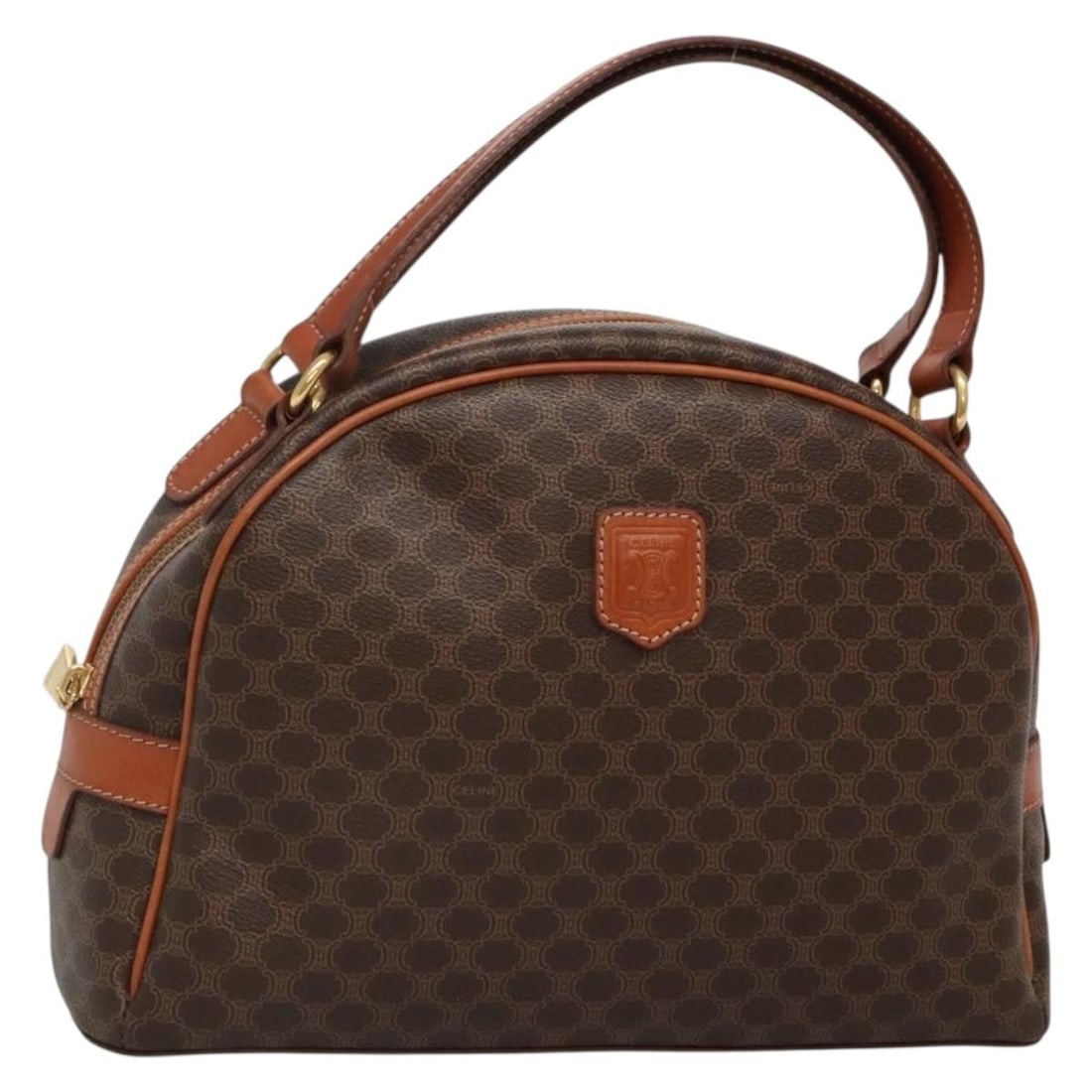 CELINE Macadam Brown PVC Leather Handbag Gold Tone: CELINE Macadam Brown PVC Leather Handbag Gold Tone Celine Macadam canvas hand bag in brown with gold-tone accents, made in Italy. This women's bag is crafted from PVC leather and Macadam canvas and in