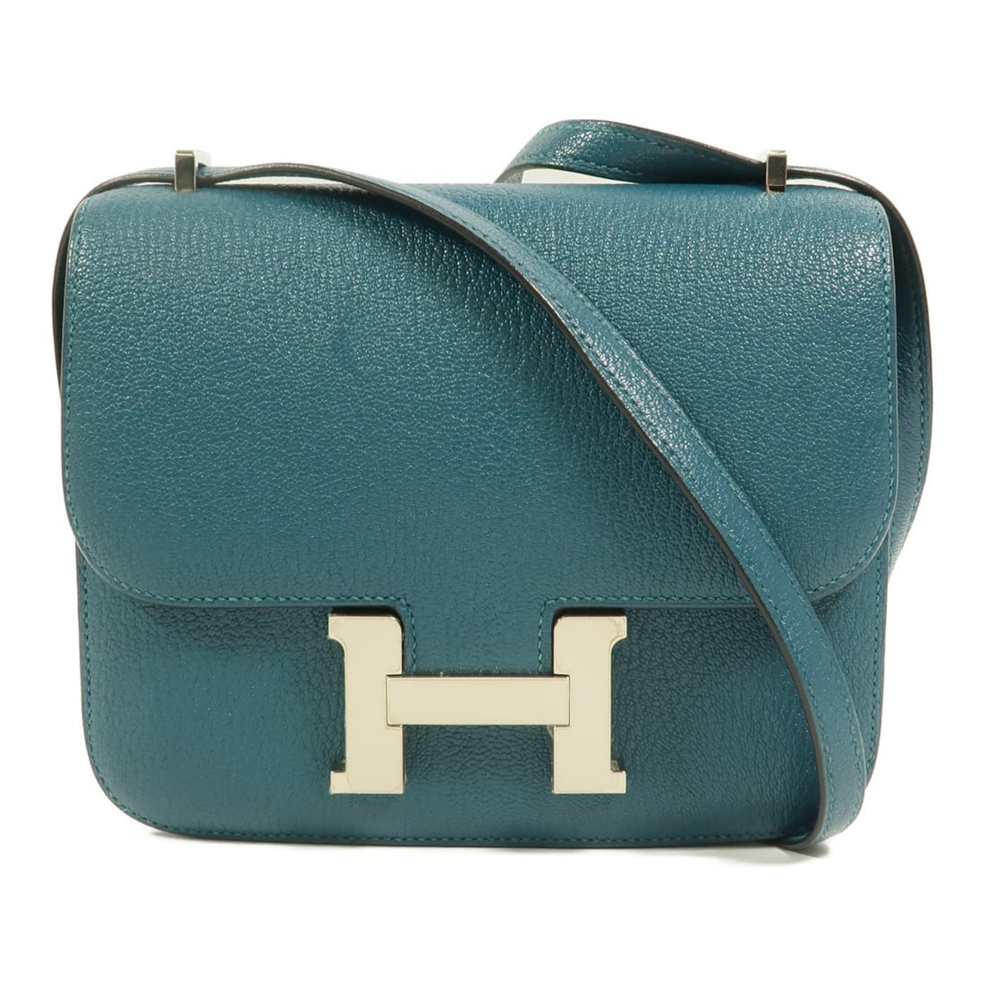 Hermes Constance Mini Shoulder Bag Chevre Mysore Vert Bosphore PHW: Hermes Constance Mini Shoulder Bag Chevre Mysore Vert Bosphore PHW Hermes Constance Mini shoulder bag in Chevre Mysore goatskin leather with a Vert Bosphore green exterior and green frame color. It fe