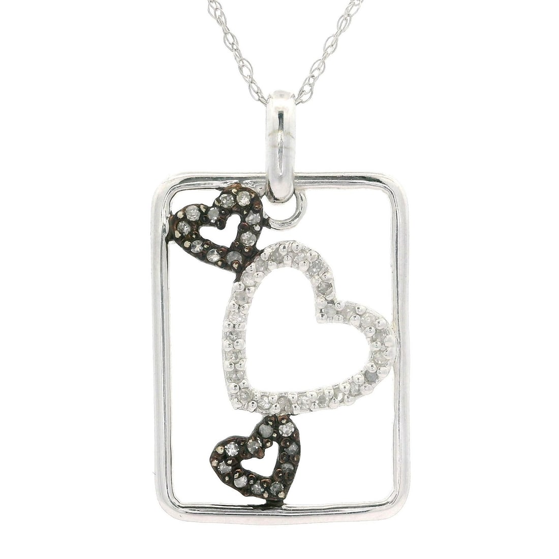 10k White Gold Triple Heart Pendant Necklace with 0.20ct Diamonds: 10k White Gold Triple Heart Pendant Necklace with 0.20ct Diamonds This exquisite pendant necklace features a unique triple heart design framed in 10k white gold, elegantly accented with 44 commercial 
