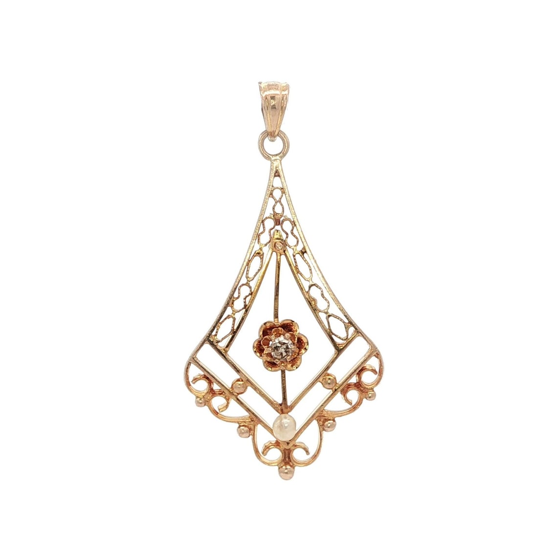 Antique Art Nouveau 10k Gold Diamond Seed Pearl Lavalier Pendant: Antique Art Nouveau 10k Gold Diamond Seed Pearl Lavalier Pendant This exquisite Antique Art Nouveau lavalier pendant showcases a beautiful blend of natural gemstones and solid 10k yellow gold. The pen