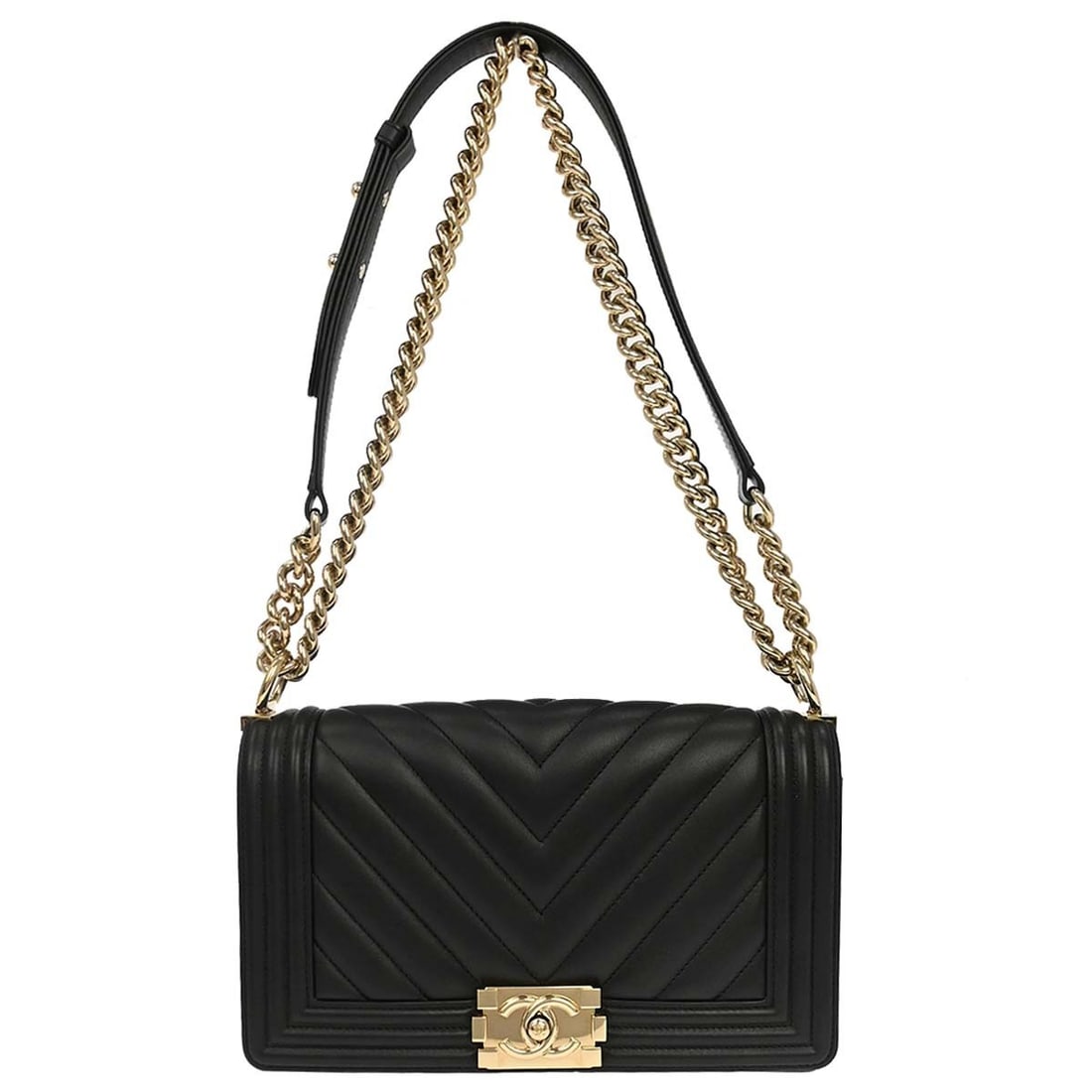 CHANEL Boy Medium Shoulder Bag Black Lambskin Double Chain: CHANEL Boy Medium Shoulder Bag Black Lambskin Double Chain Medium Boy Chanel shoulder bag in black lambskin with a chevron design, double chain shoulder strap, fabric lining, and one inner pocket. Mad