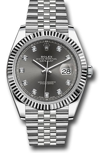 Rolex Datejust 126334 Dark Rhodium Diamond Dial Jubilee Bracelet: Rolex Datejust 126334 Dark Rhodium Diamond Dial Jubilee Bracelet This Rolex Datejust features a dark rhodium dial adorned with diamond hour markers, complemented by a fluted bezel. The watch is presen