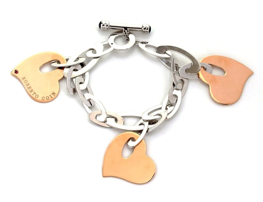 Roberto Coin Triple Hearts Toggle Bracelet 18k Rose and White Gold 7.5 (1 of 4)