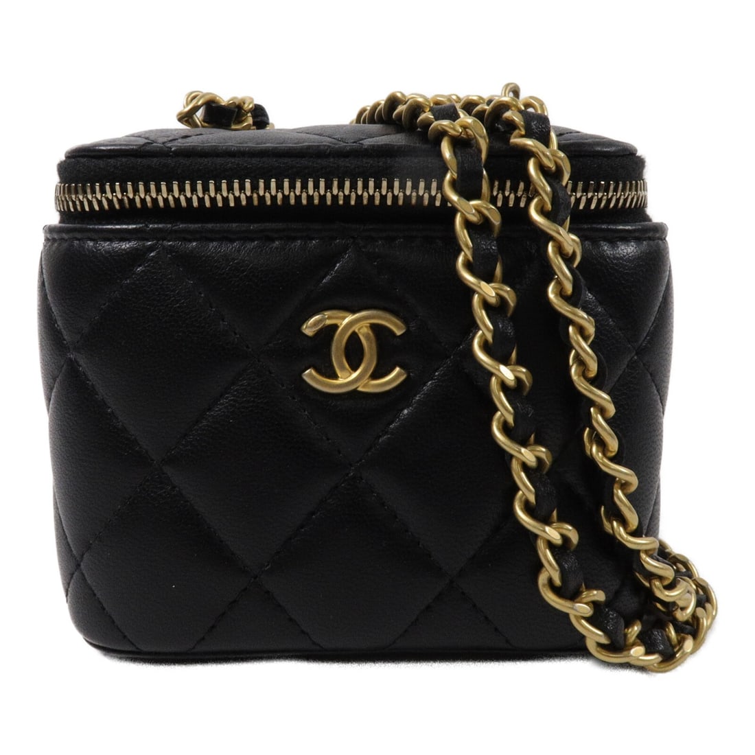 Chanel AP1447 Mini Vanity Shoulder Bag Lambskin Gold Ball Chain: Chanel AP1447 Mini Vanity Shoulder Bag Lambskin Gold Ball Chain Black CHANEL mini vanity case shoulder bag in lambskin (sheep leather) with a gold ball chain. It features one inside/other pocket, a fa