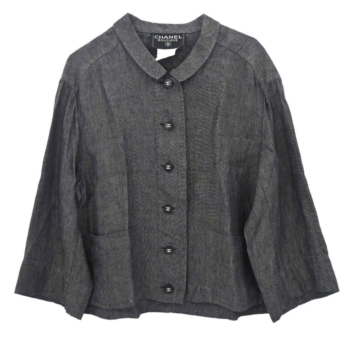 CHANEL Black Linen Jacket Size 36 Button Front France: CHANEL Black Linen Jacket Size 36 Button Front France Black Chanel women's jacket in a regular fit, size 36, with a collared, single-breasted design and button closure. It is described as a mid-length