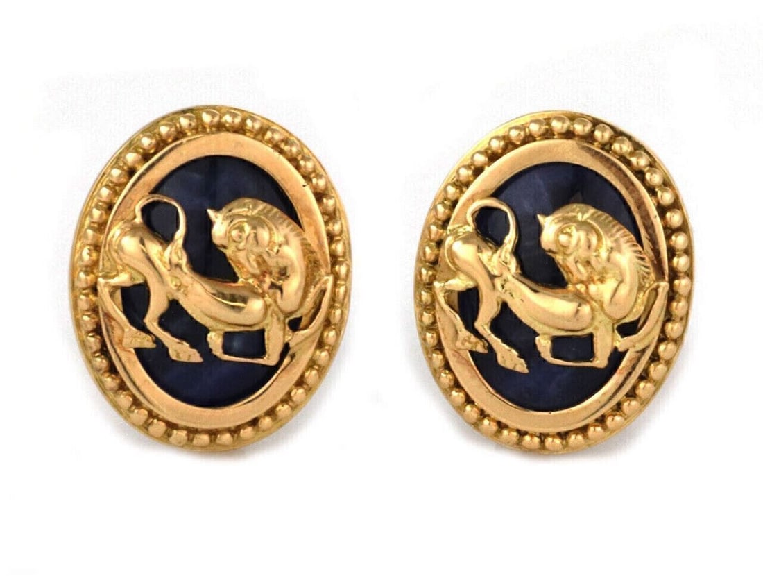 Ilias Lalaounis Lion Motif Clip On Earrings 18k Gold Lapis: Ilias Lalaounis Lion Motif Clip On Earrings 18k Gold Lapis These fine clip-on earrings feature a sculptural lion motif with lapis accents, crafted in solid 18k yellow gold. They are signed, marked wit