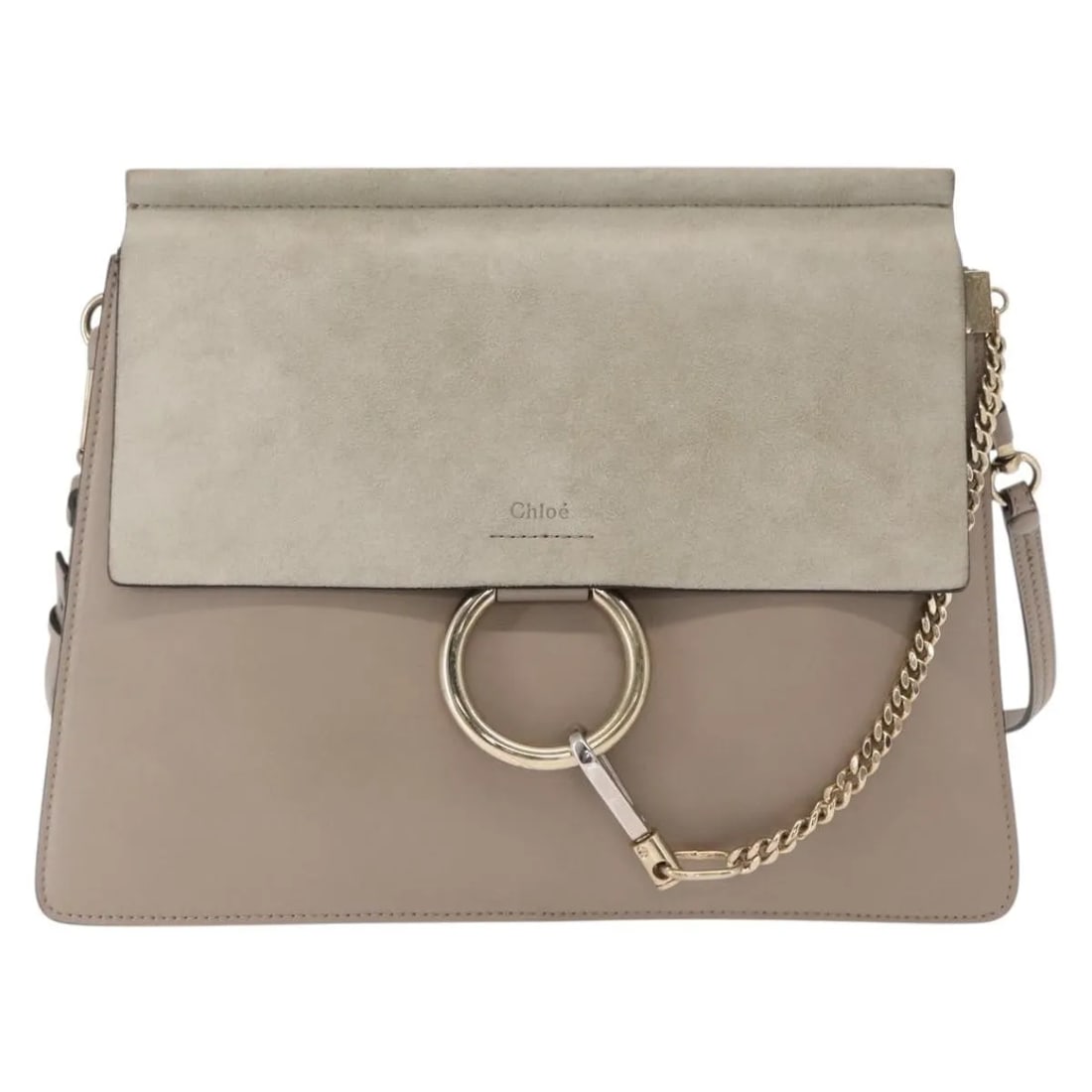 Chloe Faye beige suede shoulder bag with leather trim: Chloe Faye beige suede shoulder bag with leather trim This Chloe Faye Shoulder Bag features a beige suede exterior complemented by leather accents. Designed for women, it offers a spacious main compar