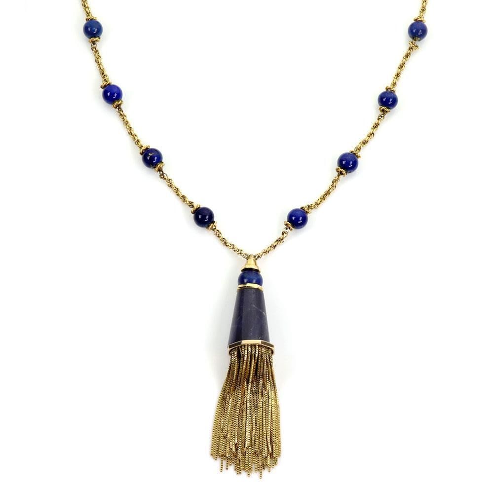 Vintage 14k Yellow Gold Lapis Tassel Necklace 60.5 grams: Vintage 14k Yellow Gold Lapis Tassel Necklace 60.5 grams This vintage necklace is crafted from 14k yellow gold and features a long, textured and polished link chain adorned with lapis beads throughout