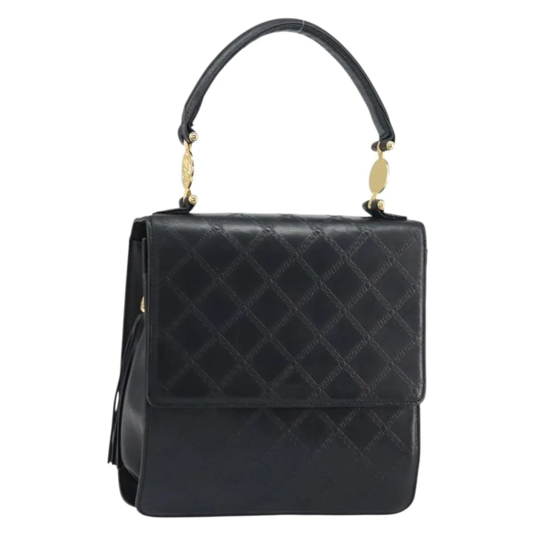 Versace Vintage black leather handbag for women: Versace Vintage black leather handbag for women This pre-owned Versace vintage handbag for women is crafted from black leather and features a compact design. It shows signs of use including surface ru