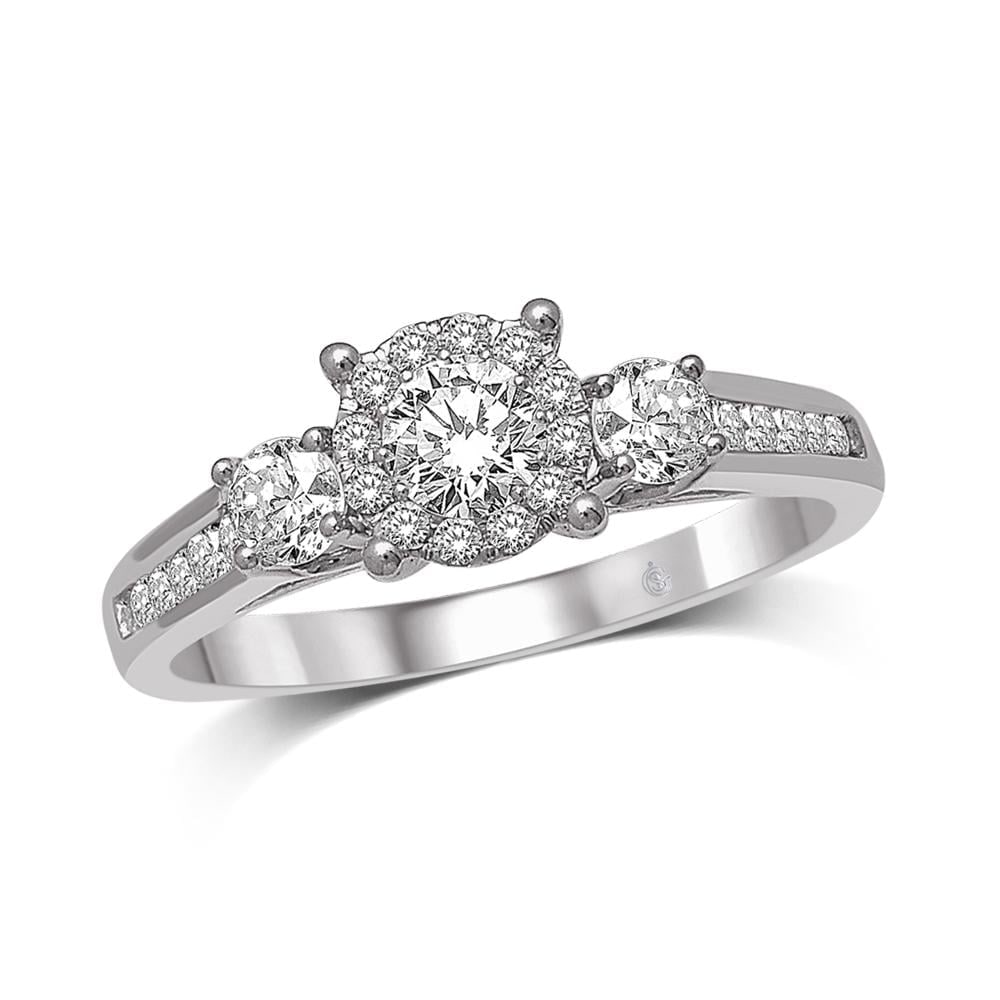 14K White Gold 5/8 Ct.Tw. Diamond Engagement Ring: 14K White Gold 5/8 Ct.Tw. Diamond Engagement Ring This glamorous Engagement Ring is available in 14K White Gold. There are 25 round diamonds with a total carat weight of 5/8 Ct.Tw. set in a channel / 
