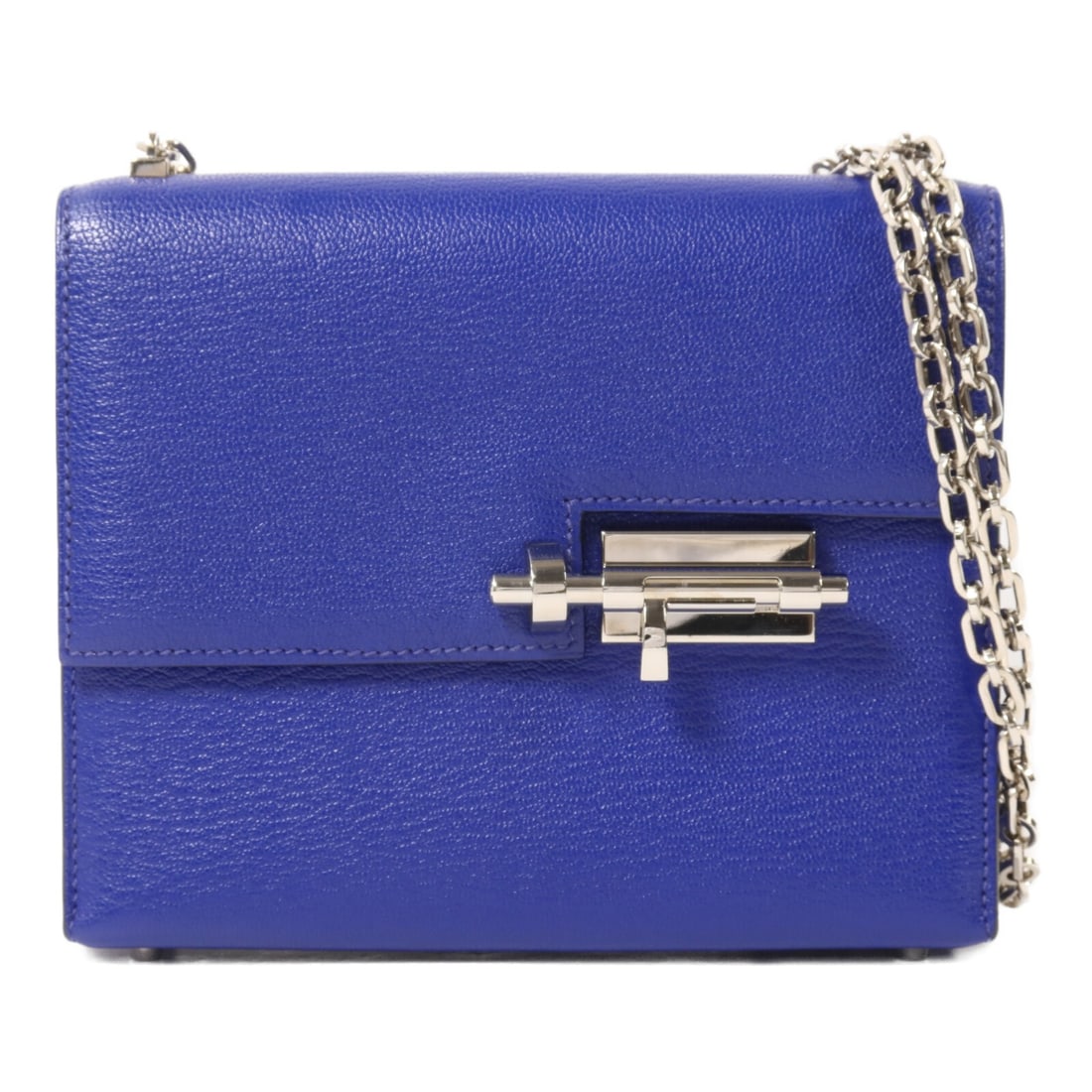 Hermes Verron Mini Chain Bag Chevre Leather Bleu Electrique PHW: Hermes Verron Mini Chain Bag Chevre Leather Bleu Electrique PHW A Hermes PHW Verron Mini Chain Shoulder Bag in Bleu Electrique, crafted from Chevre leather (goat leather). This mini shoulder bag featu