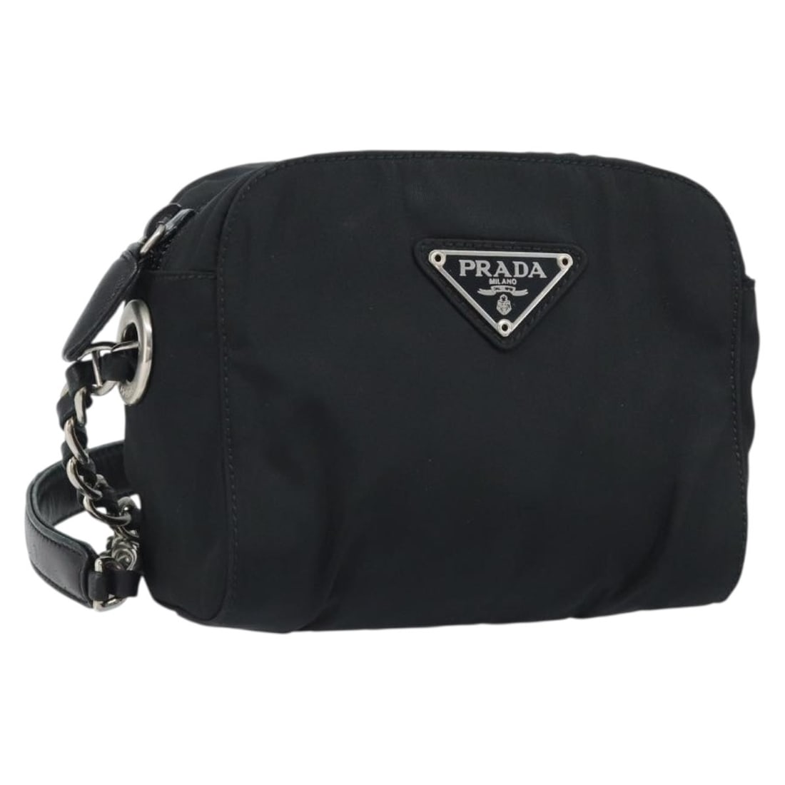 Prada Black Nylon Chain Strap Shoulder Bag with Gold Tone Hardware: Prada Black Nylon Chain Strap Shoulder Bag with Gold Tone Hardware This Prada chain shoulder bag features a black nylon exterior with gold-tone accents. Designed for women, it offers a compact silhoue