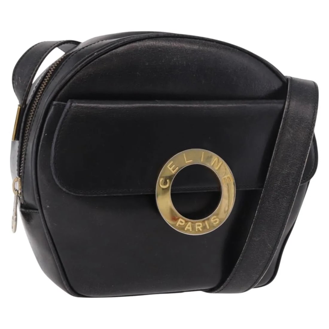 Celine Vintage Circle Logo Black Leather Shoulder Bag: Celine Vintage Circle Logo Black Leather Shoulder Bag Celine Vintage Circle Logo leather bag in black, made in Italy. It is described as a female model with a vintage circle logo design. Condition is 