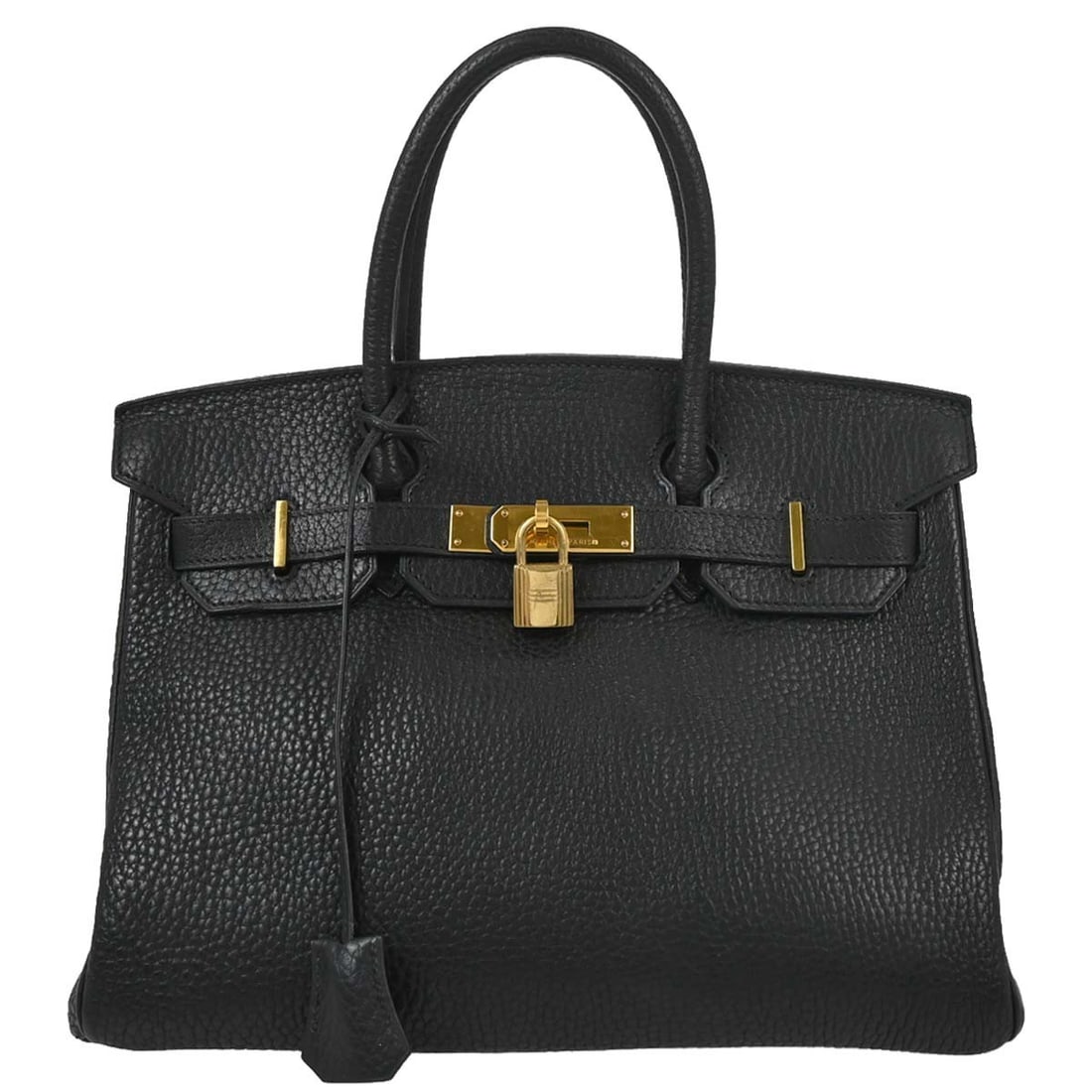 Hermes Birkin 30 Black Fjord Leather Top Handle Bag: Hermes Birkin 30 Black Fjord Leather Top Handle Bag Hermes Birkin 30 top handle handbag in black Fjord leather with double handles, turn-lock closure, gray leather lining, and interior pockets. Made i