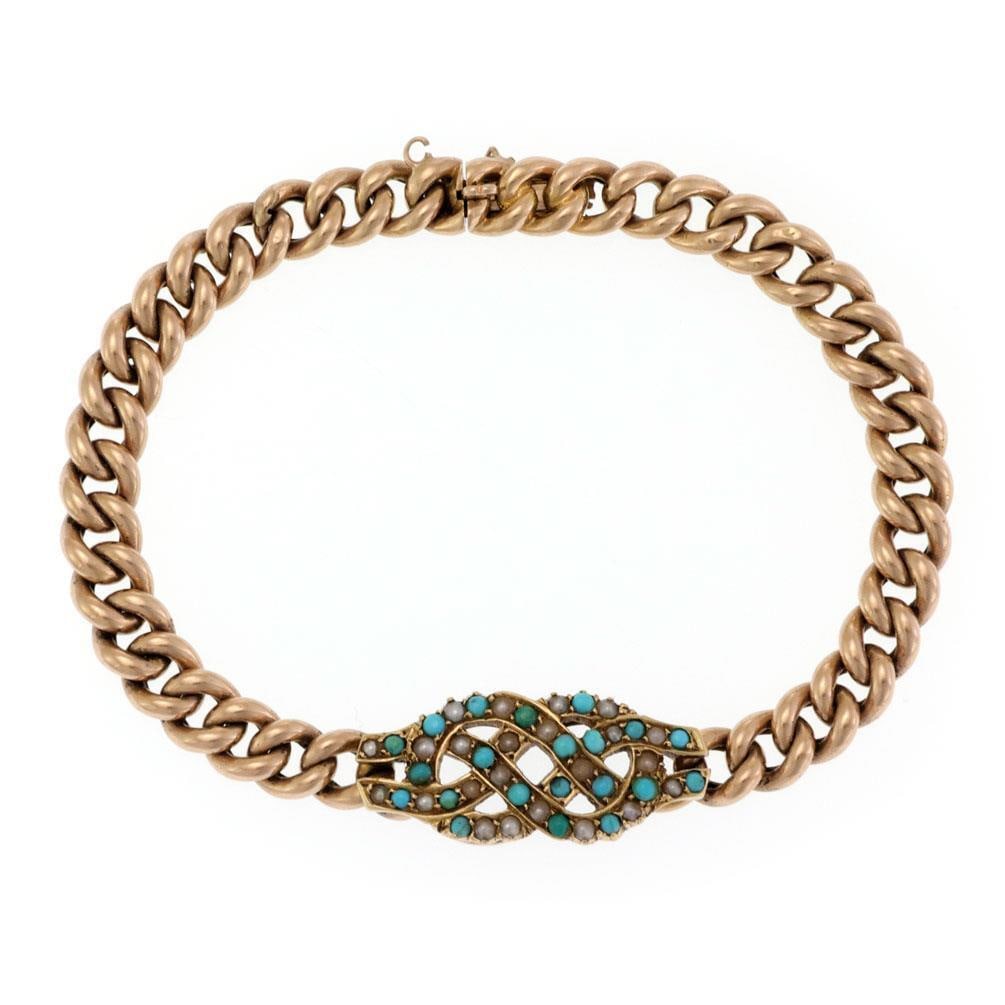 Victorian 15k Rose Gold Knot Bracelet with Turquoise and Pearls: Victorian 15k Rose Gold Knot Bracelet with Turquoise and Pearls This exquisite Victorian Era bracelet is designed in 15k rose gold, featuring a stylish curb link chain with a secure slide clasp. The c