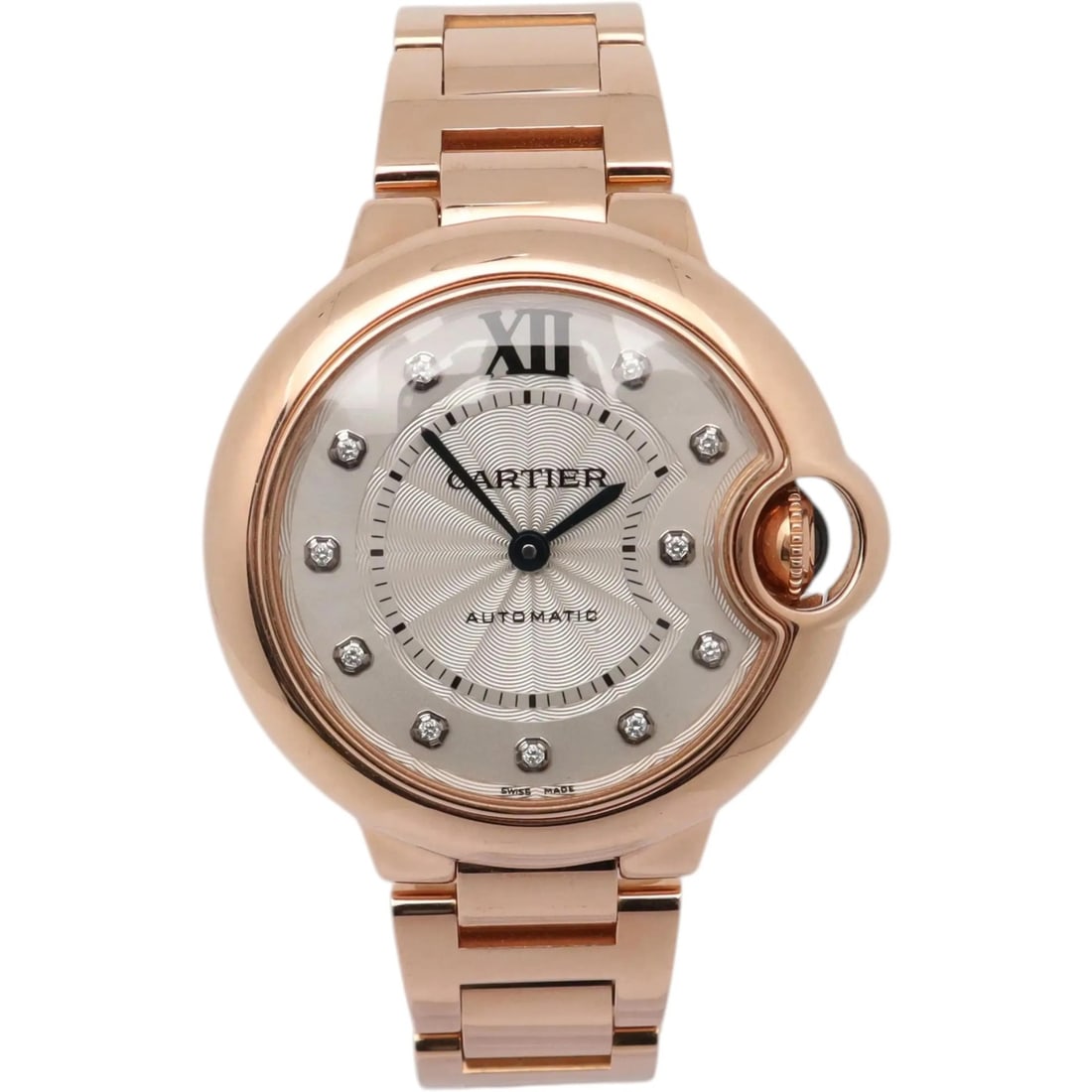 Cartier Ballon Bleu 33mm 18K Rose Gold Diamond Silver Dial Watch: Cartier Ballon Bleu 33mm 18K Rose Gold Diamond Silver Dial Watch This Cartier Ballon Bleu wristwatch features a 33mm round case crafted from 18K rose gold, complemented by a gold bracelet band. The si
